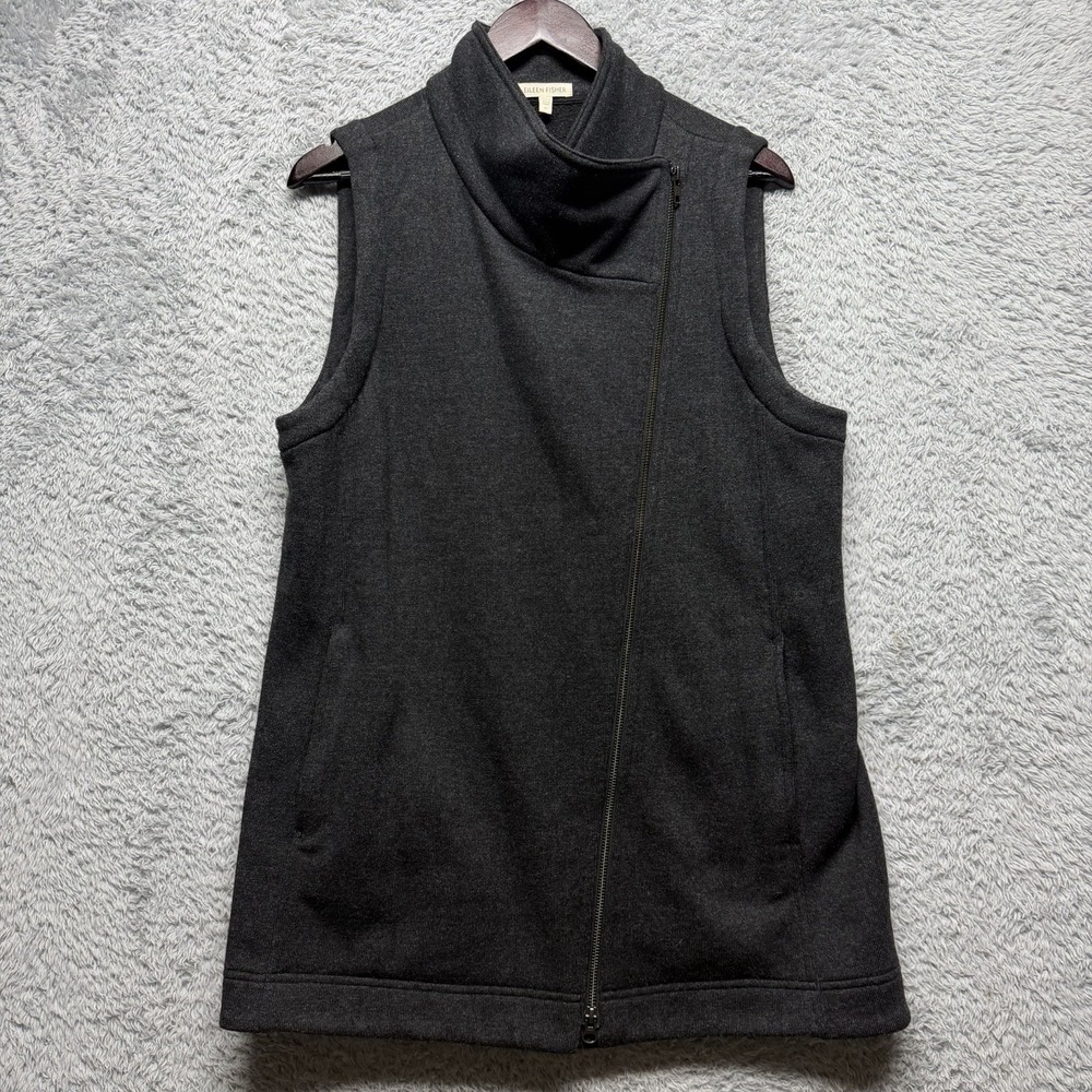 Eileen Fisher Asymetrical Zip Sweater Vest Womens Medium Charcoal Gray Wool Moto